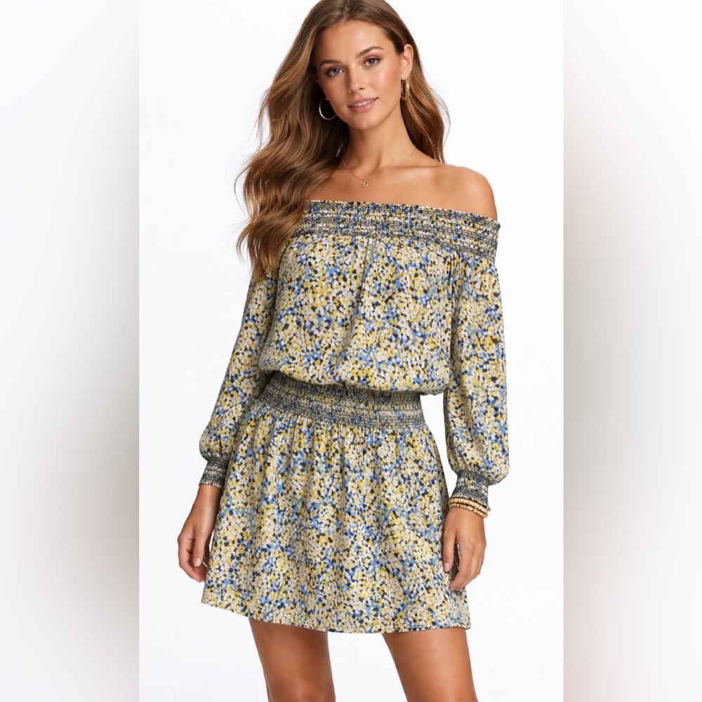MICHAEL KORS FLORAL OFF SHOULDER DRESS SIZE S BLUE YELLOW SMOCKED 3/4 SLEEVE
